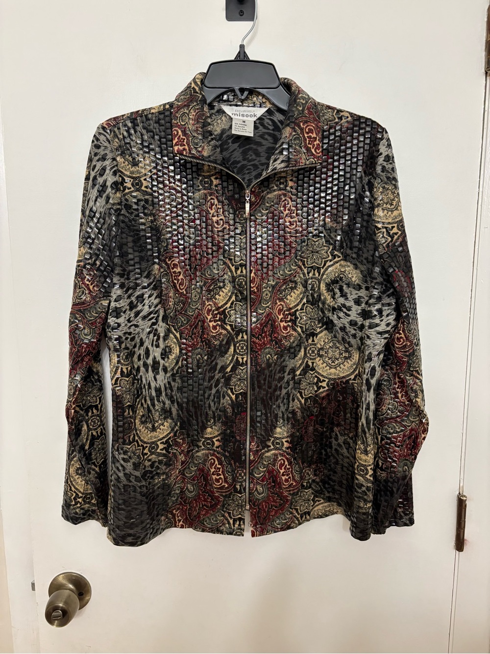 Exclusively Misook Sequin Mixed Print Leopard Paisley Zip Jacket Women M Vintage